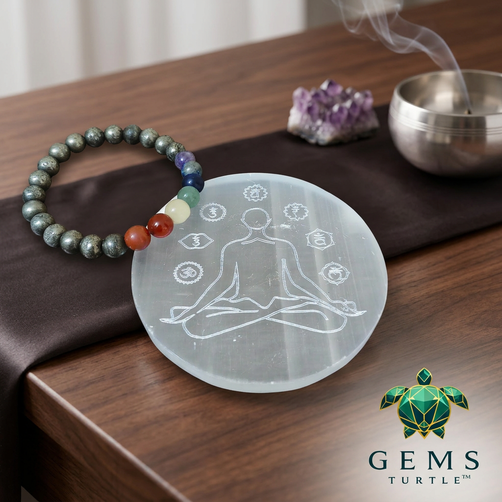 Seven Chakra Selenite Charging Plate for Crystal Cleansing & Energy Healing