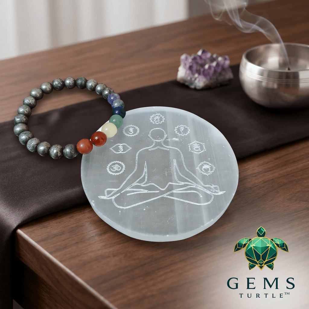 Selenite charging plate for crystals next to a beaded bracelet and incense, symbolizing energy healing.