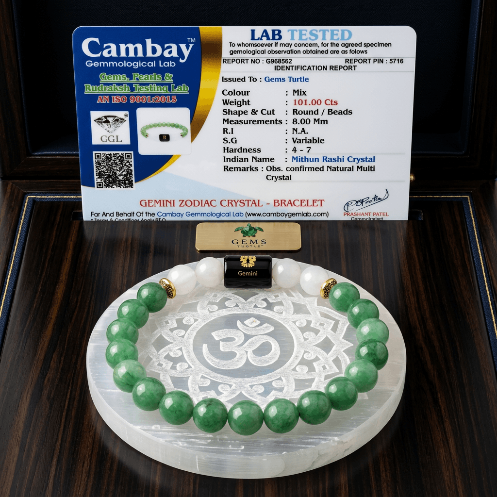 Gemini (मिथुन राशि) Zodiac Green Aventurine & Milky Quartz Bracelet with Lab Certification – Gems Turtle (image 2)