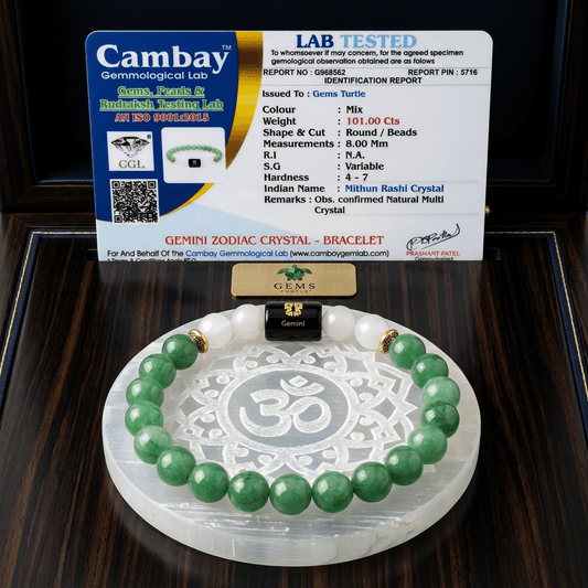 Gemini (मिथुन राशि) Zodiac Green Aventurine & Milky Quartz Bracelet with Lab Certification – Gems Turtle (image 2)