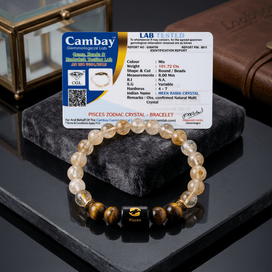 Pisces (मीन राशि) Zodiac Citrine & Tiger's Eye Bracelet with Lab Certification – Gems Turtle (image 2)