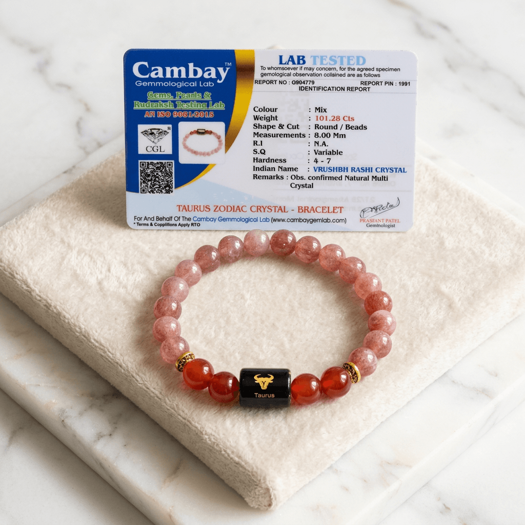 Taurus (वृषभ राशि) Zodiac Sunstone & Carnelian Bracelet with Lab Certification – Gems Turtle (image 2)