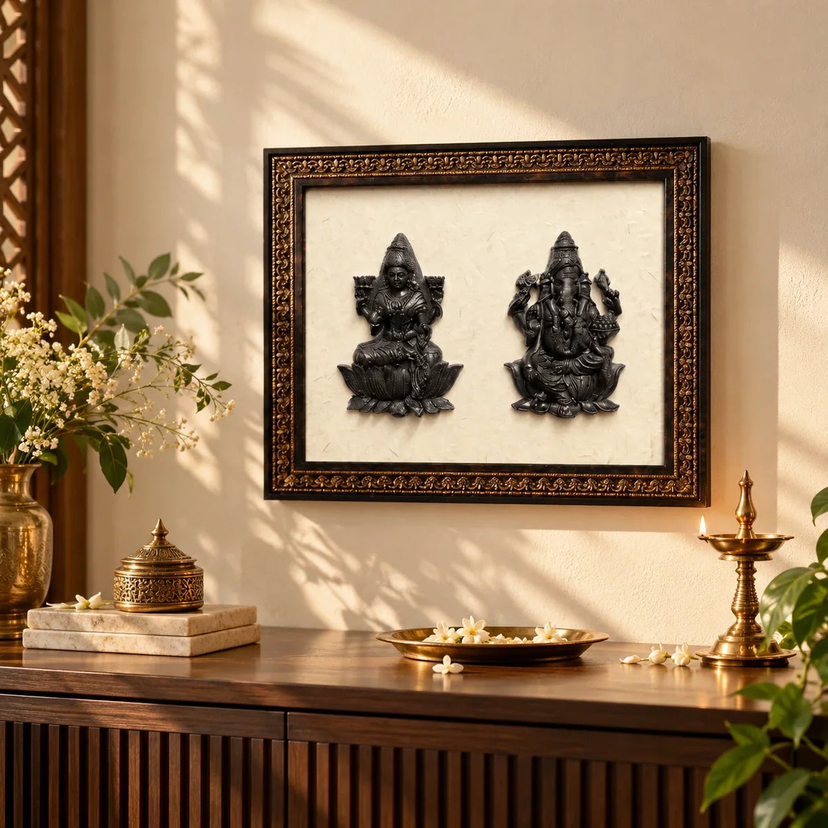 Framed Lakshmi and Ganesh wall decor above a wooden console with a brass diya