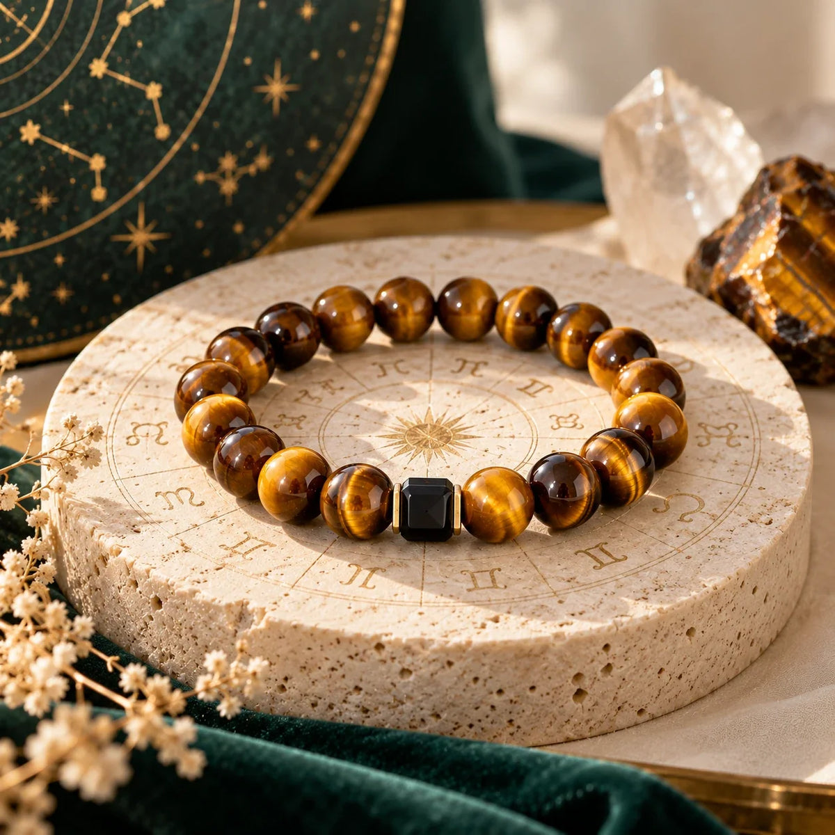 Tiger eye zodiac bracelet with a black square charm bead on a stone plate engraved with a zodiac wheel
