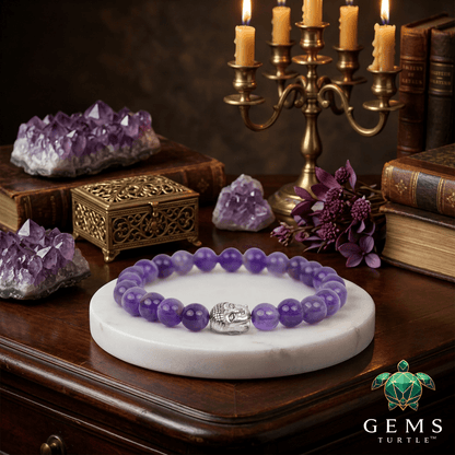Amethyst healing bracelet for calm displayed on a marble surface amidst candles and purple crystals, promoting tranquility.
