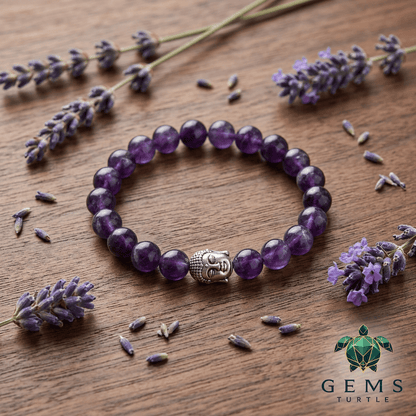 Amethyst healing bracelet for calm featuring a Buddha charm surrounded by lavender flowers on a wooden surface.