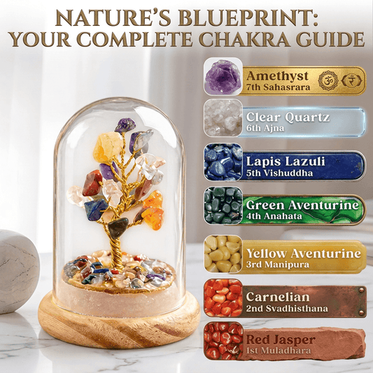 CCrystal Glass Tree Feng Shui & Vastu Home Decor with gemstone chakra guide under clear dome.