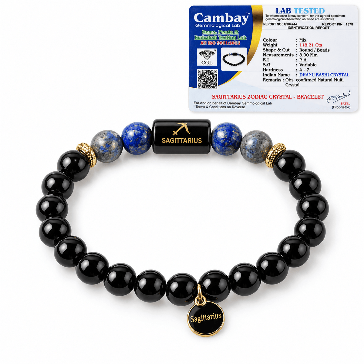 Sagittarius Zodiac Black Obsidian & Lapis Lazuli Bracelet with lab certification and gemstone ID report.
