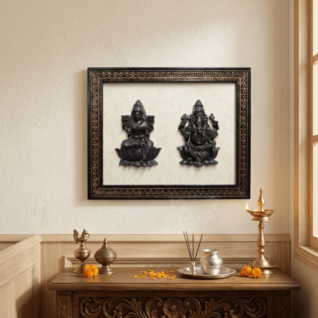 Pyrite & Selenite Lakshmi Ganesh Frame for Prosperity, Positivity & Peace – Gems Turtle