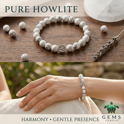 Howlite Natural Stone Bracelet For Calm and Stress Relief displayed on a hand with white howlite beads and grey veining.