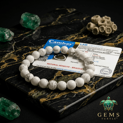 Howlite Natural Stone Bracelet For Calm and Stress Relief displayed on a marble surface with certified lab card and green crystals.