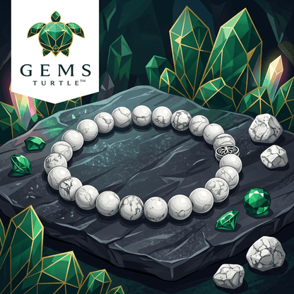 Howlite Natural Stone Bracelet For Calm and Stress Relief displayed on a stone surface surrounded by green crystals.