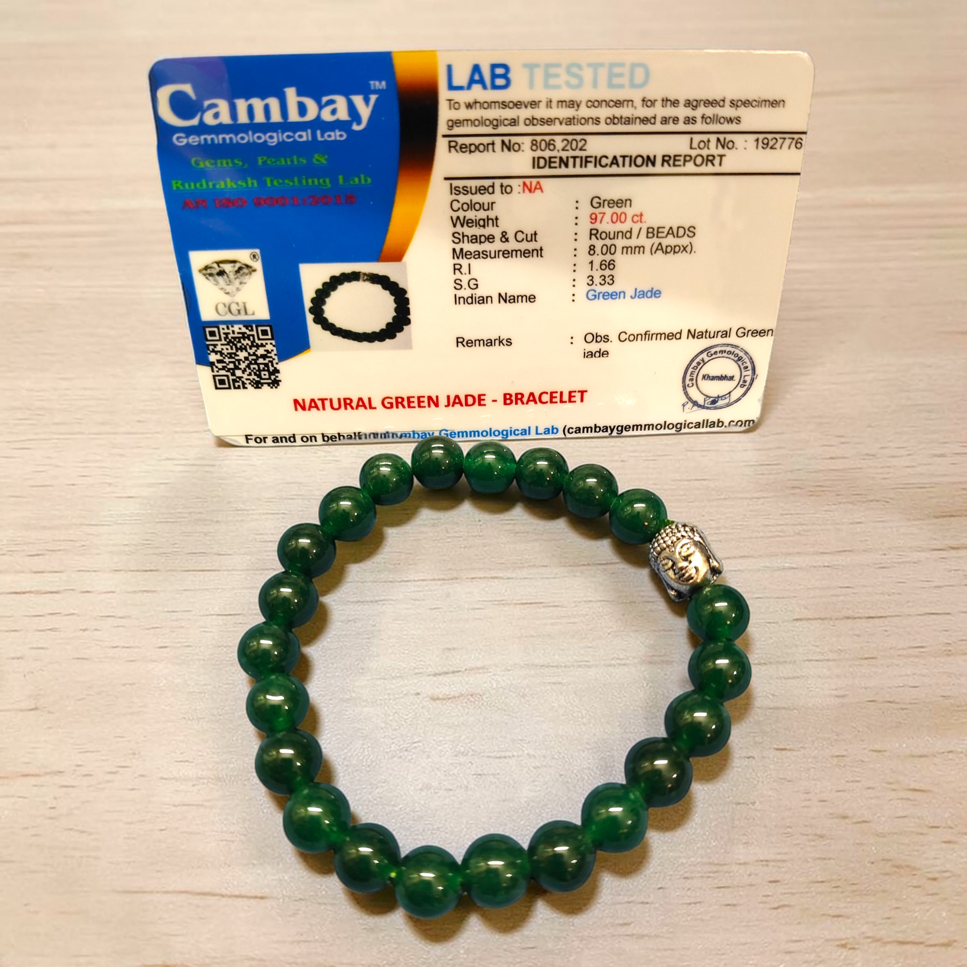 Certified Green Jade Energy Bracelet