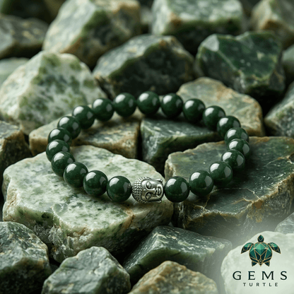Green Jade Prosperity Energy Bracelet resting on green jade stones, symbolizing wealth and harmony.