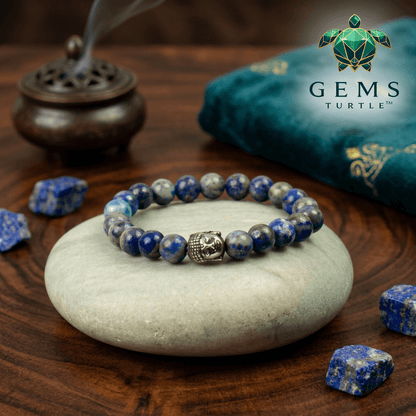 Lapis Lazuli Natural Stone Bracelet for Serenity & Wisdom displayed on a soft stone surface with incense.