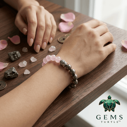 Rose Quartz Pyrite Bracelet showcasing love and prosperity, featuring Rose Quartz and Pyrite gemstones by Gems Turtle.