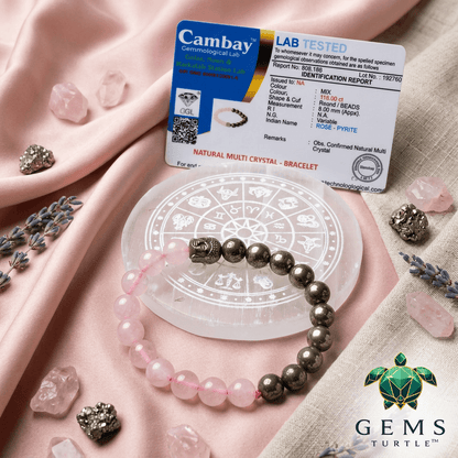 Rose Quartz Pyrite Bracelet on soft fabric with lab report, symbolizing love, wealth, and success.