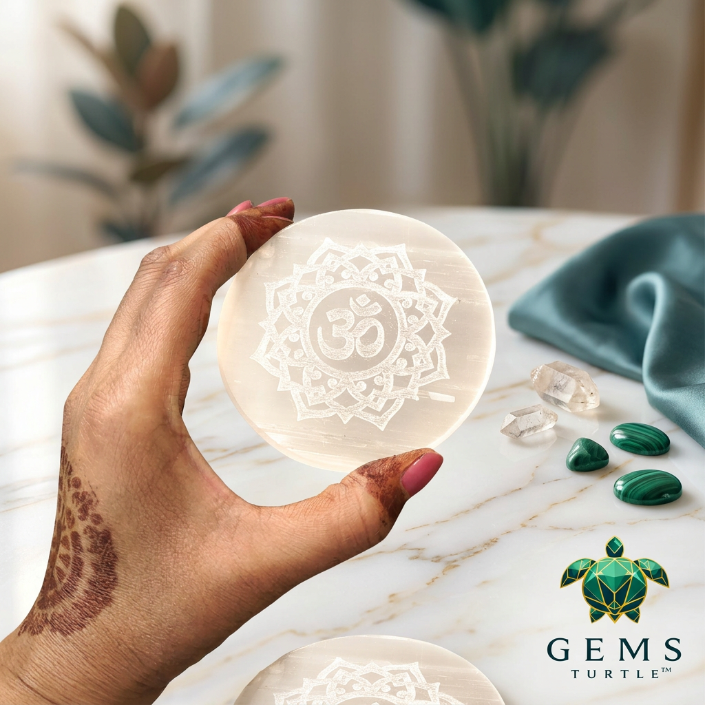 Selenite Charging Plate with Om Symbol for Crystal Cleansing & Energy Charging