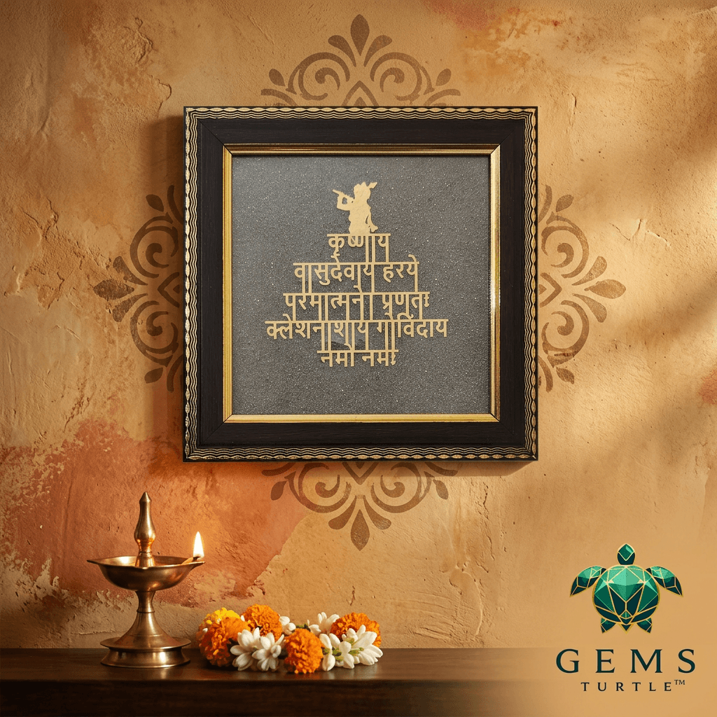 Radhey Krishna Mantra and Money Abundance Pyrite Wall Frame