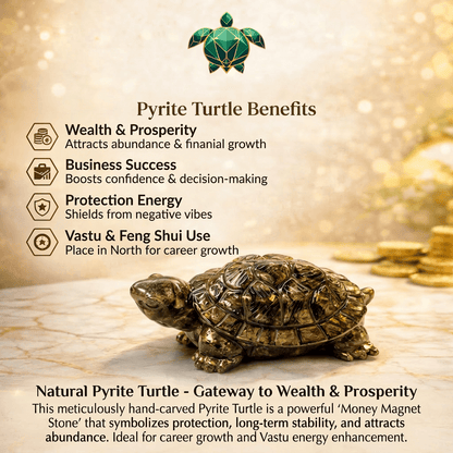 Pyrite prosperity tortoise showcasing benefits of wealth, prosperity, and protection in a serene setting.