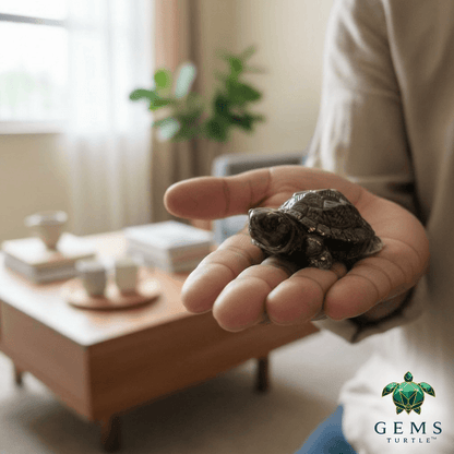 pyrite prosperity tortoise in hand, symbol of wealth and luck, decorative home accent, natural Pyrite stone