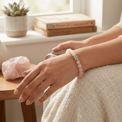 Rose Quartz Bracelet on a woman's wrist, symbolizing love, peace, and emotional healing by Gems Turtle.
