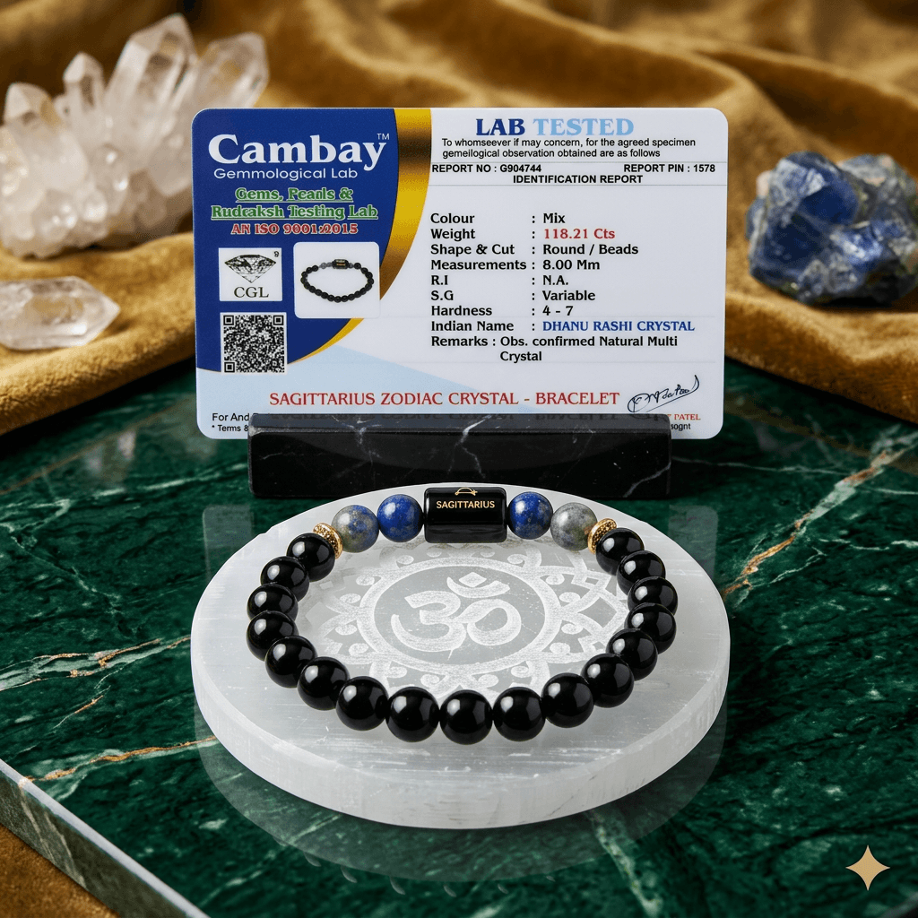 Sagittarius Zodiac Black Obsidian & Lapis Lazuli Bracelet with lab certification and gemstone report