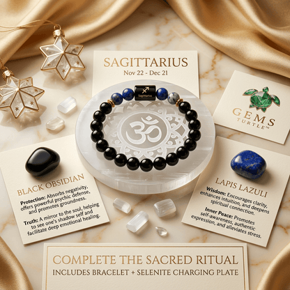 Sagittarius zodiac bracelet featuring black obsidian and lapis lazuli stones with charm on a decorative display.