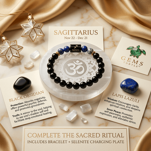 Sagittarius zodiac bracelet featuring black obsidian and lapis lazuli stones with charm on a decorative display.