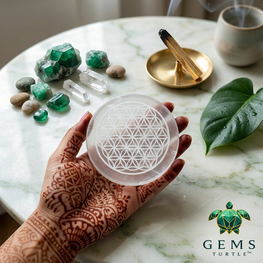 Selenite Charging Plate – Flower of Life Crystal Energy Cleansing Disc