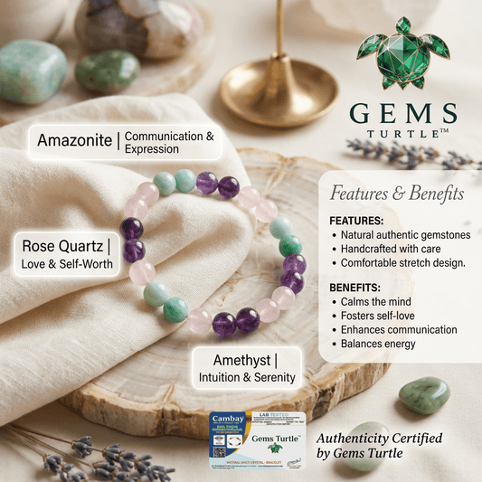 Lab Certified Mind Relaxing Bracelet for Calmness, Positivity & Emotional Balance - Amazonite, Rose Quartz & Amethyst – Gems Turtle