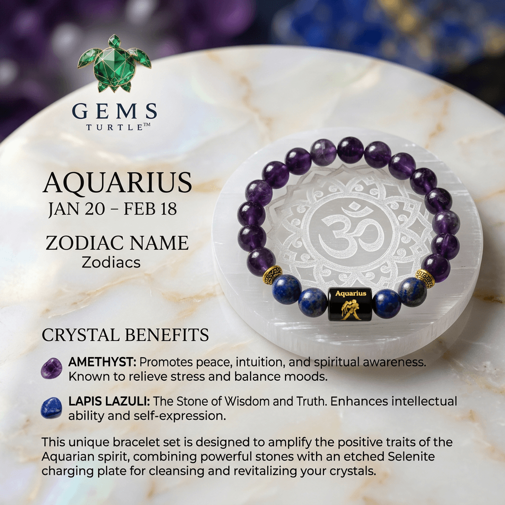 Aquarius (कुंभ राशि) Zodiac Amethyst & Lapis Lazuli Bracelet - Lab Certified – Gems Turtle