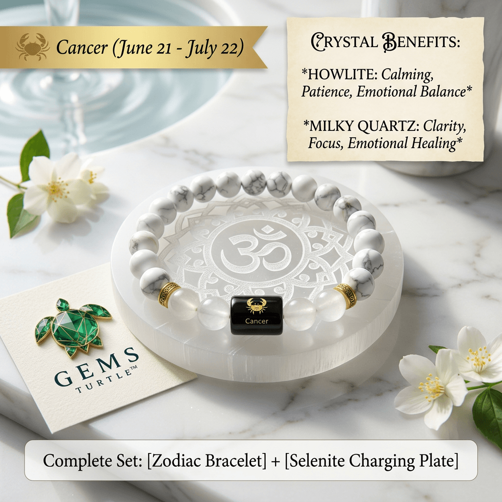 Cancer (कर्क राशि) Zodiac Howlite & Milky Quartz Bracelet with Lab Certification – Gems Turtle