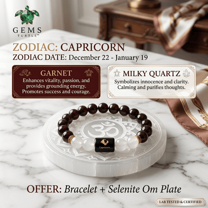 Capricorn (मकर राशि) Zodiac Garnet & Milky Quartz Bracelet with Lab Certification – Gems Turtle