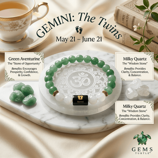 Gemini (मिथुन राशि) Zodiac Green Aventurine & Milky Quartz Bracelet with Lab Certification – Gems Turtle