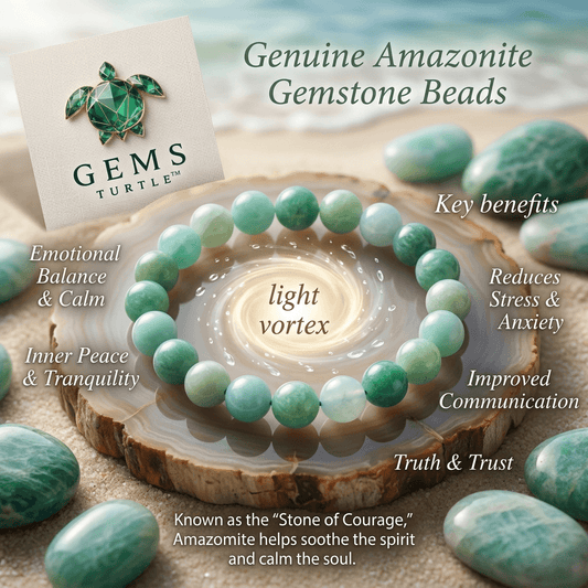 Lab Certified Amazonite Bracelet for Men & Women | Natural Crystal for Calmness, Confidence & Positive Energy – Gems Turtle