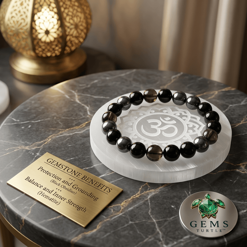 Black Shield Lab Certified Bracelet – Smoky Quartz, Black Obsidian & Hematite for Negativity, Evil Eye Protection & Inner Courage – Gems Turtle (image 4)