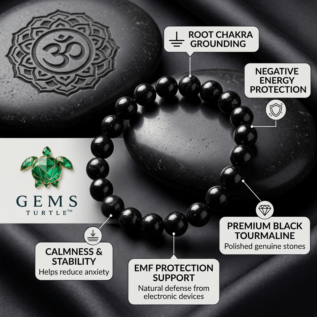 Lab Certified Black Tourmaline Bracelet for Grounding, Protection & Positive Energy – Gems Turtle