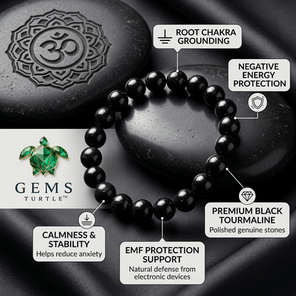 Lab Certified Black Tourmaline Bracelet for Grounding, Protection & Positive Energy – Gems Turtle