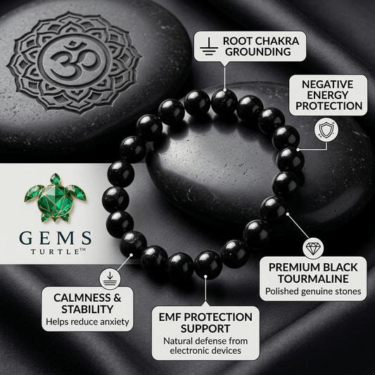 Lab Certified Black Tourmaline Bracelet for Grounding, Protection & Positive Energy – Gems Turtle