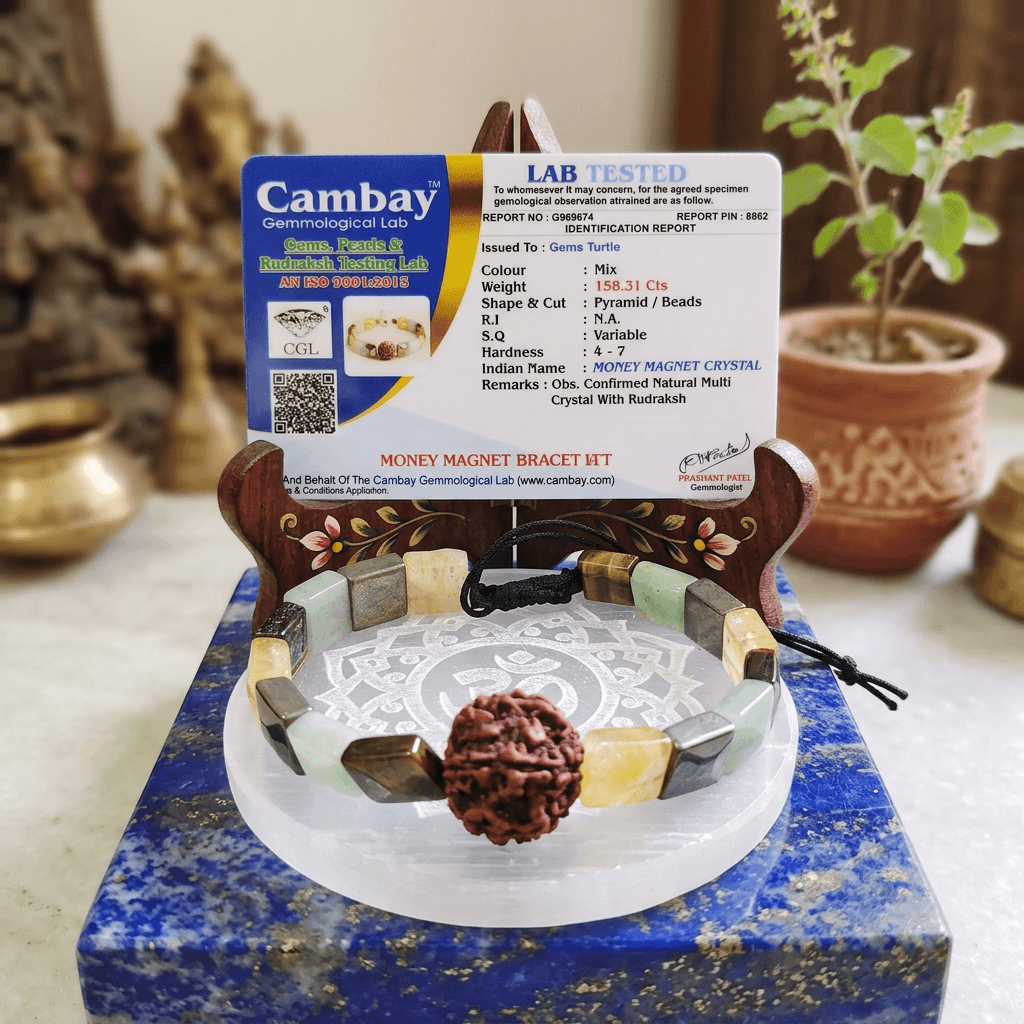 Lab Certified Money Magnet Bracelet - 5 Mukhi Rudraksha, Pyrite, Green Aventurine, Citrine & Tiger’s Eye – Gems Turtle (image 3)