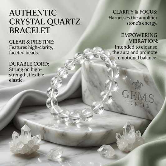 Lab Certified Clear Quartz Bracelet for Men & Women - Natural Crystal Beads for Clarity, Focus & Positive Energy – Gems Turtle
