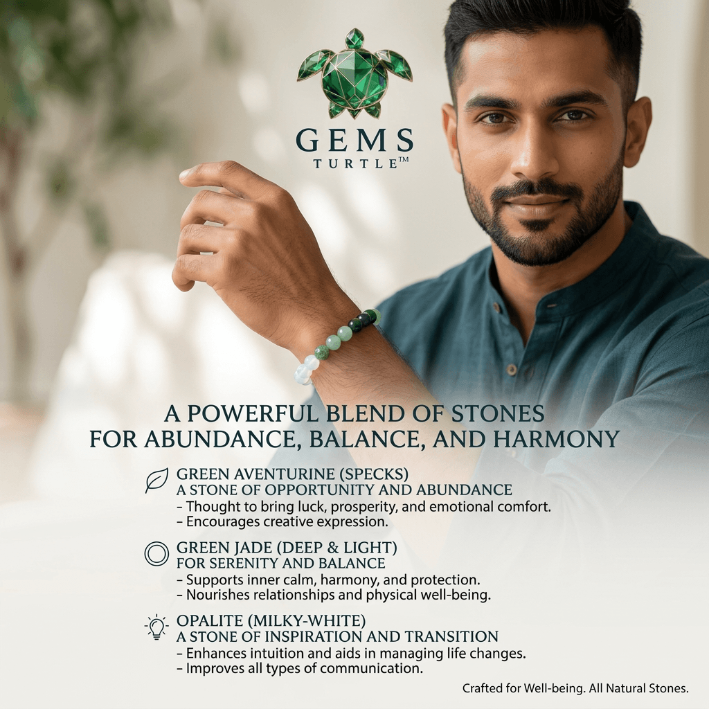 Green Harmony Lab Certified Bracelet For Abundance, Balance & Harmony- Jade, Green Aventurine with Opalite – Gems Turtle (image 2)
