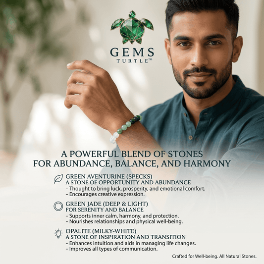Green Harmony Lab Certified Bracelet For Abundance, Balance & Harmony- Jade, Green Aventurine with Opalite – Gems Turtle (image 2)