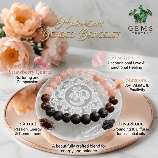 Rose quartz bracelet featuring sunstone, garnet, lava stone, and strawberry quartz for harmony and emotional healing