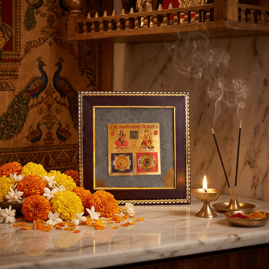 Pyrite dust frame featuring Goddess Lakshmi and Lord Ganesha, surrounded by flowers and incense in a spiritual decor setting.