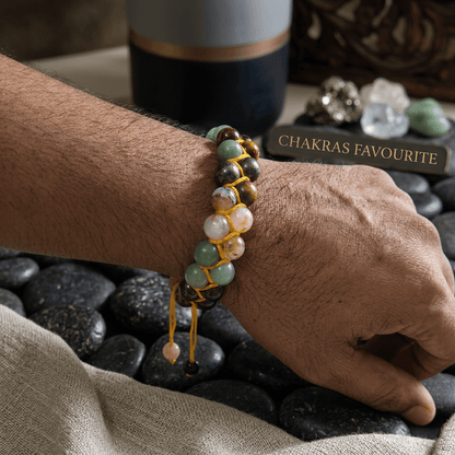 Healing crystal bracelet featuring Pyrite, Green Aventurine, Tiger Eye, Citrine, and Jade on wrist.