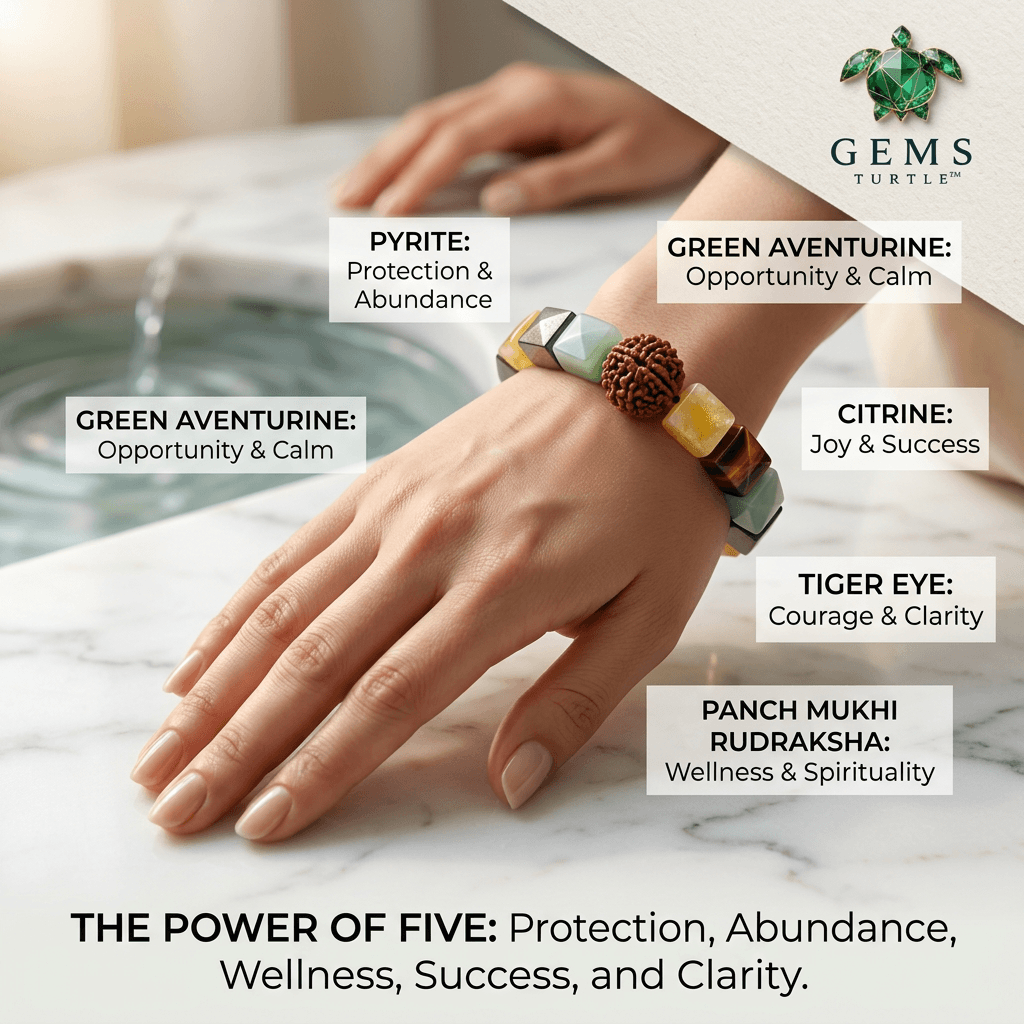 Lab Certified Money Magnet Bracelet - 5 Mukhi Rudraksha, Pyrite, Green Aventurine, Citrine & Tiger’s Eye – Gems Turtle