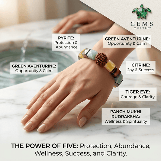 Lab Certified Money Magnet Bracelet - 5 Mukhi Rudraksha, Pyrite, Green Aventurine, Citrine & Tiger’s Eye – Gems Turtle