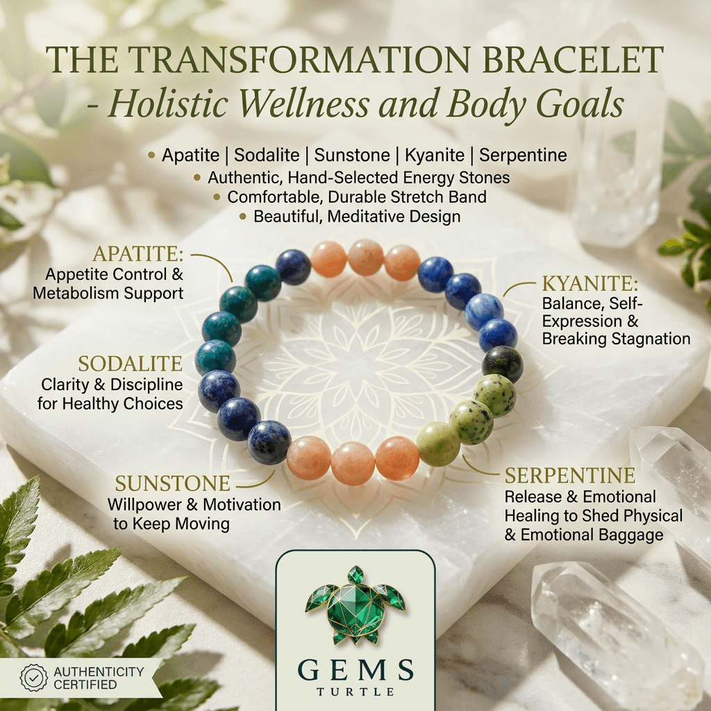 Lab Certified Wellness & Healthy Lifestyle Bracelet – Apatite, Sodalite, Sunstone, Kyanite & Serpentine – Gems Turtle